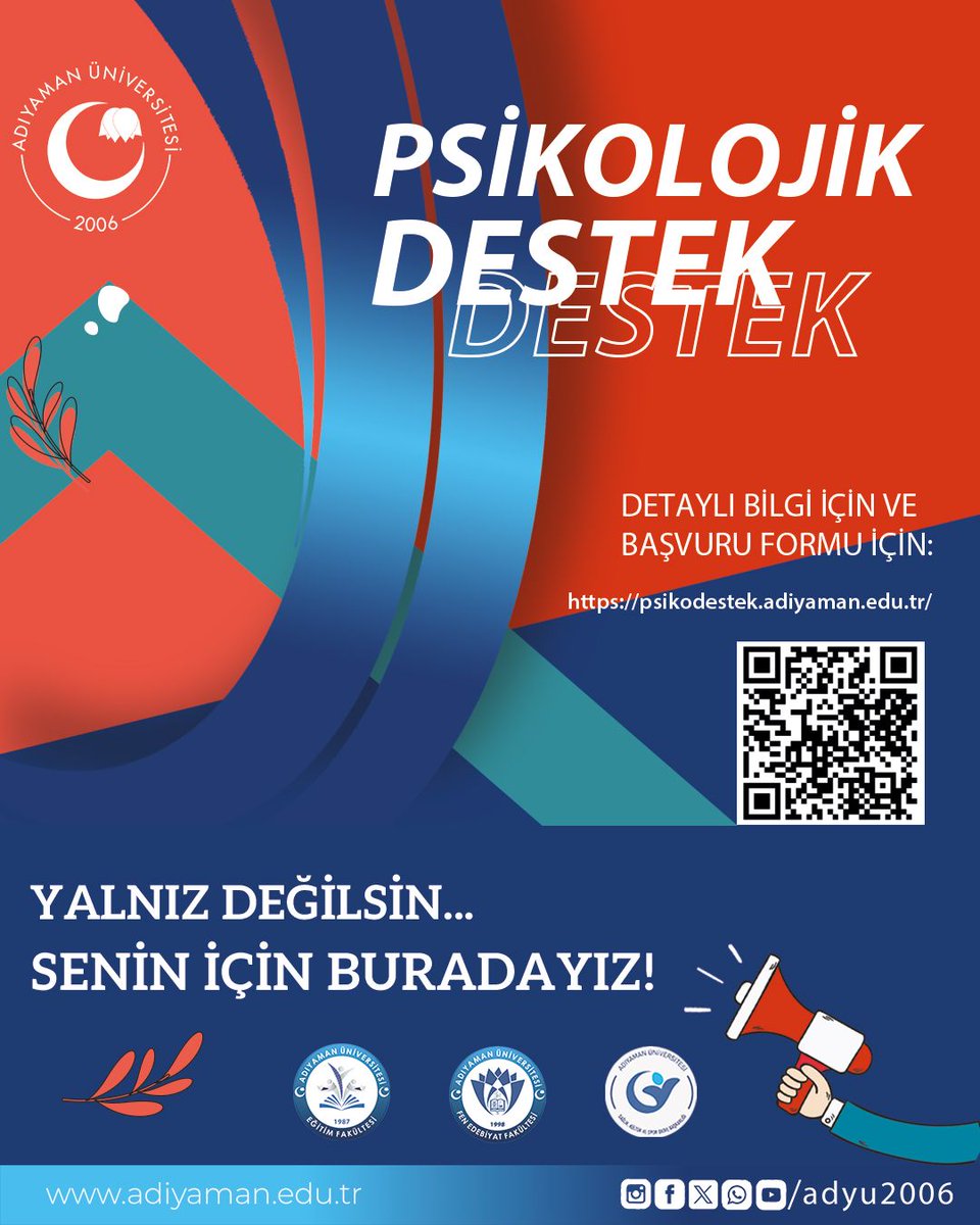 🔸️Psikolojik Destek Hizmeti

Üniversitemiz, öğrencilerimiz ile akademik ve idari personelimizin psikolojik iyi oluşunu desteklemek amacıyla Psikolojik Destek Hizmeti vermeye başlamıştır. Bu hizmet, duygusal dayanıklılığı artırmayı ve kriz anlarında rehberlik sağlamayı
