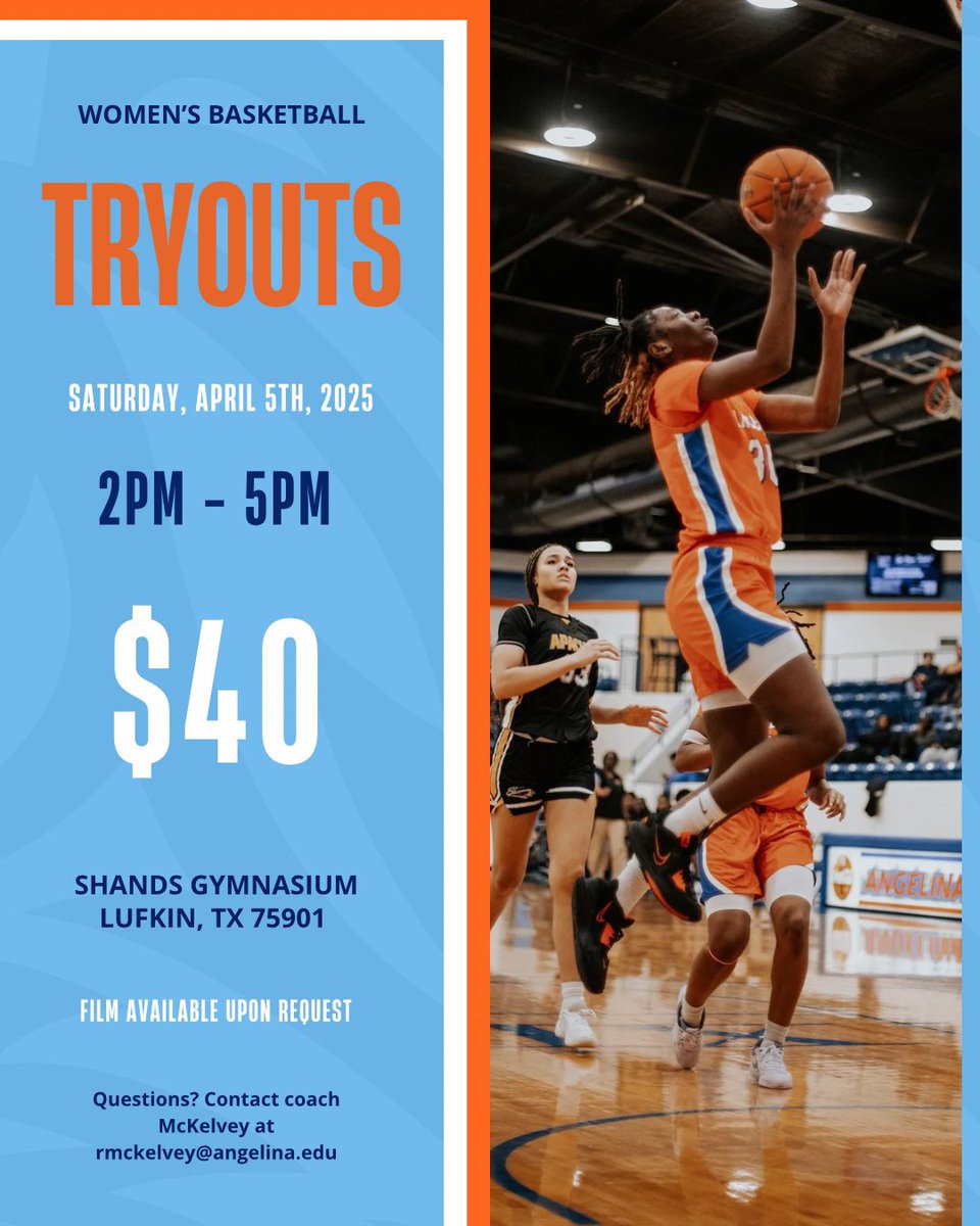 Come show off your skills at the Angelina College Women’s Basketball Tryout and earn your spot on the team! 

Click here to register: eventbrite.com/e/angelina-col…

#RunEm