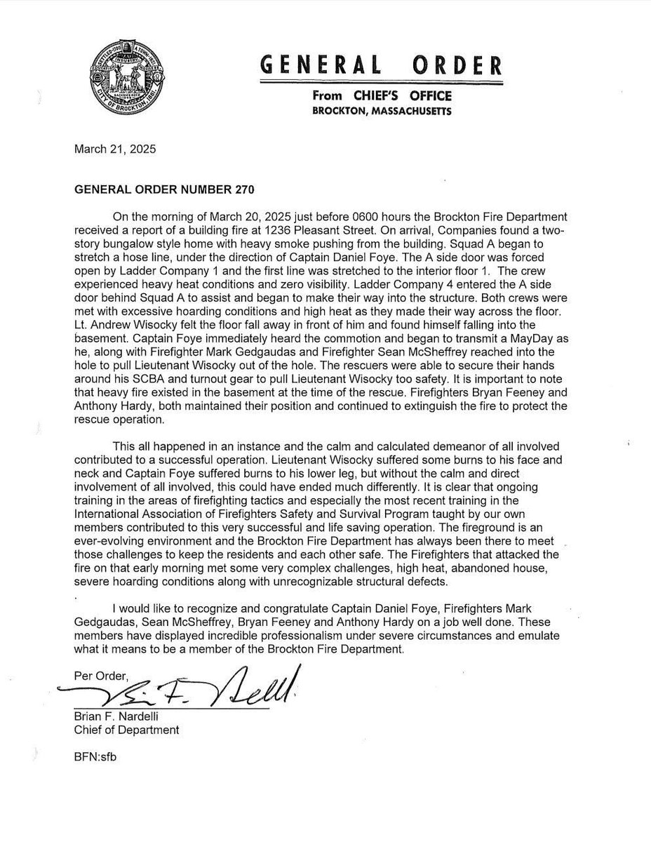 Chief Brian F. Nardelli would like to share with you the events that took place on 3/20/25 while operating at a second alarm fire at 1236 Pleasant St. It is through courage, determination and consistent training that Brockton FFs continue to show amazing feats day in and day out.