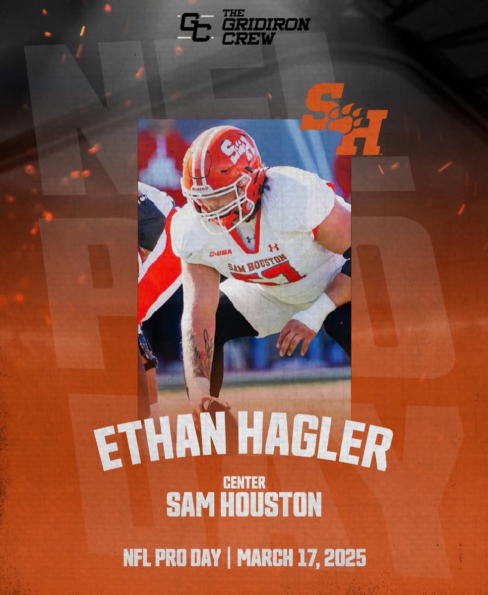 Pro Day Stats for Center Ethan Hagler
 
20 yd shuttle-4.68
40 yd dash-5.17
10 yd split-1.65 (1st compared to OL at NFL Combine)
Bench-26 Reps (T7th compared to OL at NFL combine)

Hagler at Sam Houston earned multiple all conference honors, was a bowl champ and a national champ.