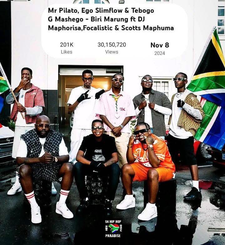charleskgari's tweet photo. "Biri Marung" visuals by Mr Pilato, Ego Slimflow, Tebogo G Mashego hits 30 MILLION views on YouTube 🎥🔥🇿🇦

Ft. Sje Konka, DJ Maphorisa, Focalistic, Scotts Maphuma &amp; CowBoii https://t.co/IlH1Cu9U95