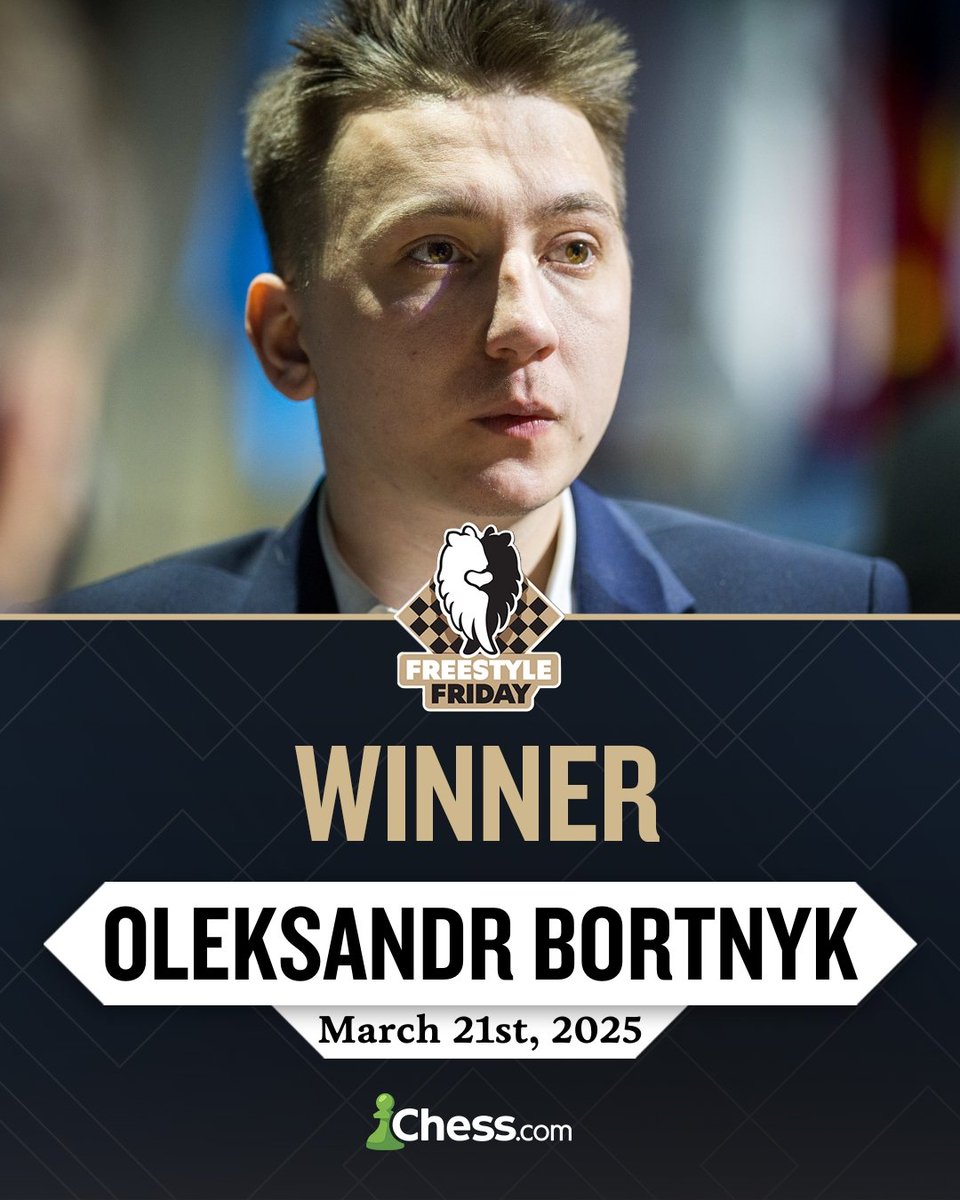 freestyle-chess (@chess_freestyle) on Twitter photo 🔥 <a href="/BortnykChess/">Oleksandr Bortnyk</a> does it again! 🏆
Despite a final-round loss, he clinches his second #FreestyleFriday victory in thrilling fashion, topping a fierce five-way tie! ⚔️🎲 Highlights include a 10-move win against MVL—only in Freestyle Chess! 😲🚀
Congrats! 👏 #FreestyleChess 🔥 <a href="/BortnykChess/">Oleksandr Bortnyk</a> does it again! 🏆
Despite a final-round loss, he clinches his second #FreestyleFriday victory in thrilling fashion, topping a fierce five-way tie! ⚔️🎲 Highlights include a 10-move win against MVL—only in Freestyle Chess! 😲🚀
Congrats! 👏 #FreestyleChess