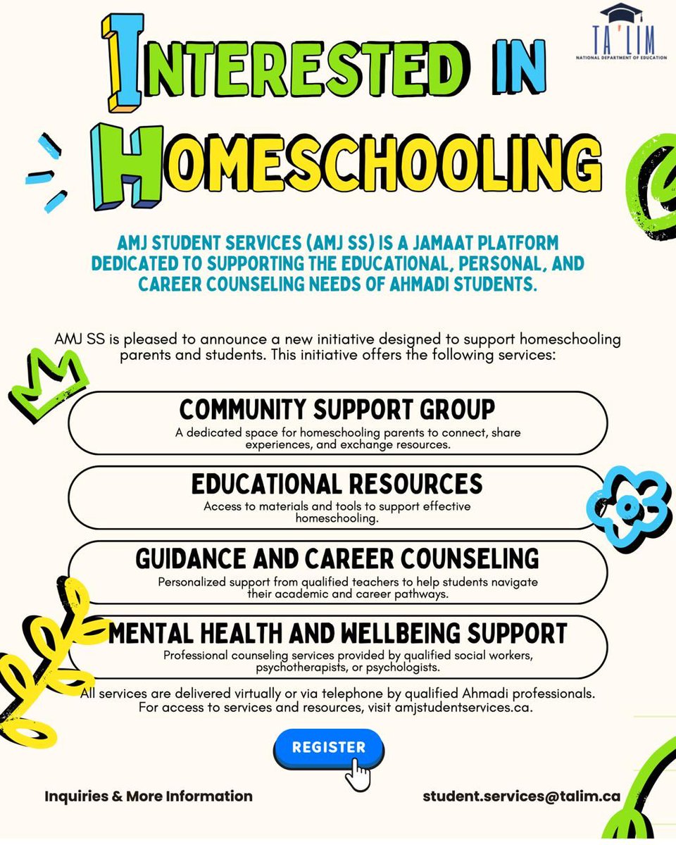 TalimCanada's tweet image. 📚 Homeschooling by Student Services of Ahmadiyya Muslim Community

Student Services of Ahmadiyya Muslim Community is excited to launch a new initiative supporting homeschooling parents &amp;amp; students! 🏫📖  

If you're homeschooling or considering it, join our community today!  

🔗…