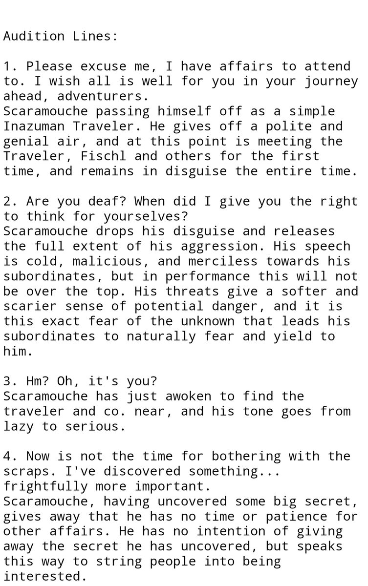 luluraemi's tweet photo. the full version of the scaramouche voice direction text for those who are asking. https://t.co/7m4JrjdzdU