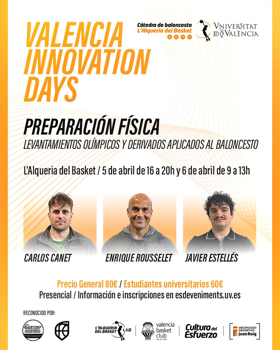 🔥 ¡Vuelve el Valencia Innovation Days de preparación física! 🔥

📅 5 y 6 de abril
📍 @lalqueriavbc
🏋️‍♂️ Con los cracks de @crossfit_cv hablando sobre levantamientos olímpicos y su aplicación en el baloncesto.

No te lo pierdas, ¡inscríbete aquí! 👉 esdeveniments.uv.es/132757/detail/…
