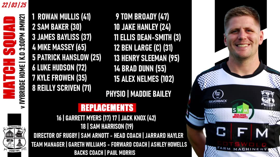 lydney_rfc's tweet image. Match week 21 Team selections.
Saturday 22nd March 2025

Here we go, Your Severnsiders going into match week 21 of the season.  

Lydney 1st XV v Ivybridge | Home – K.O 3pm
St Mary’s Old Boys v Lydney United | Away K.O 2:30pm
#Driveonlyd #TheSevernsiders #TheBledisloeClub