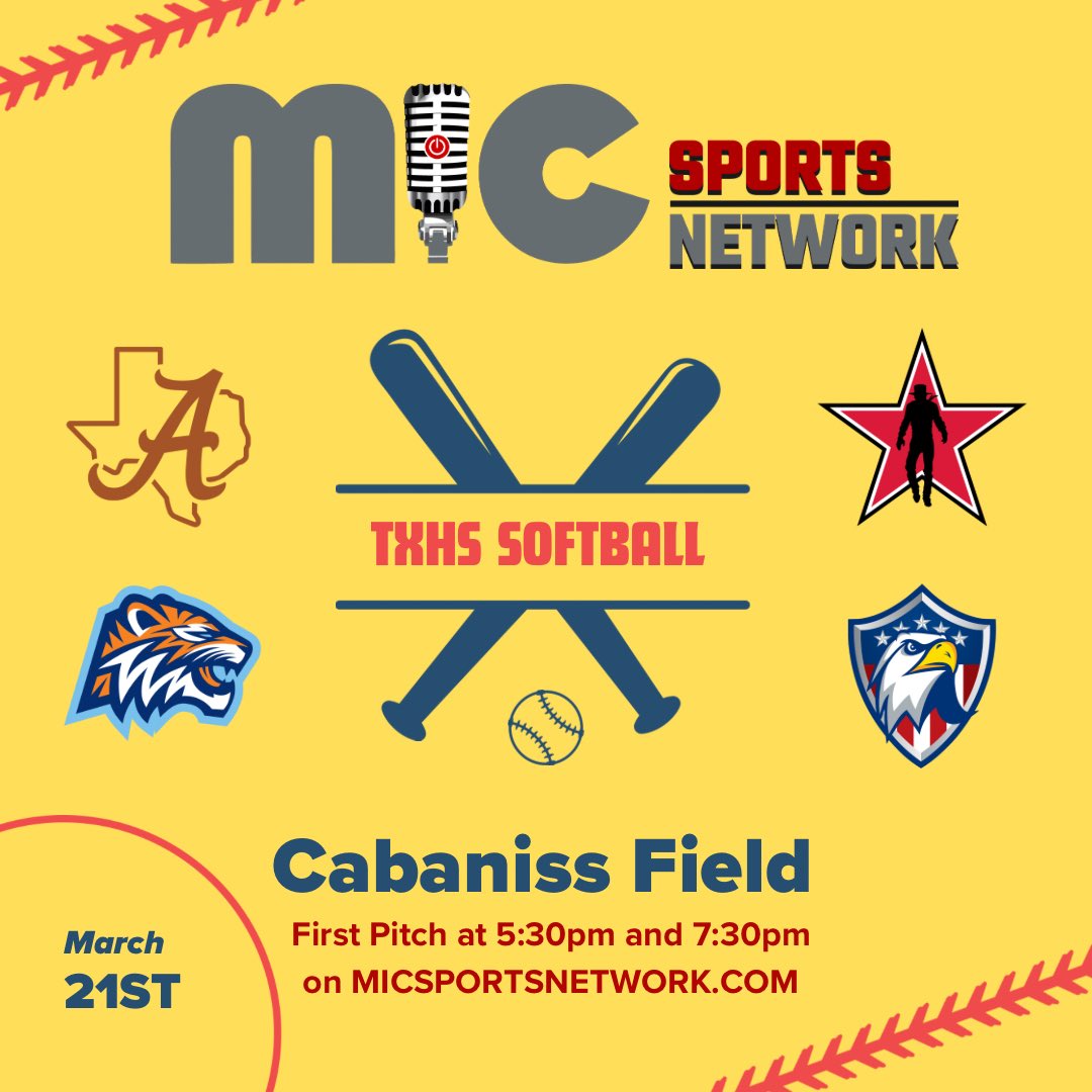 🚨 SOFTBALL FRIDAY 🚨 

We have a Doubleheader at Cabaniss! 

Alice v Carroll 
Ray v Veterans Memorial

Catch the games on micsportsnetwork.com (FREE) and on our radio home 1440 KEYS AM / 98.7 FM 

#txhssoftball #softball