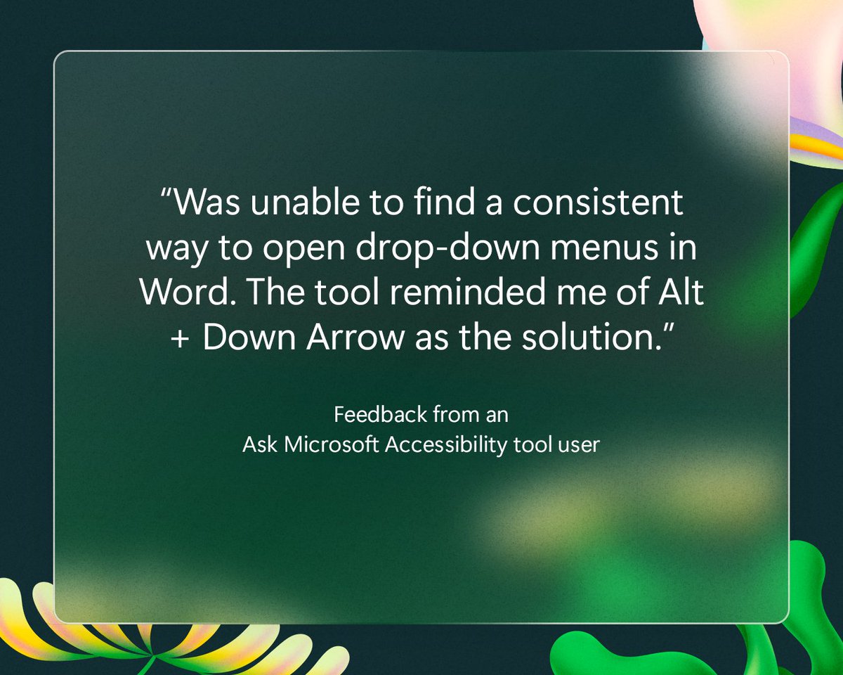Get your accessibility questions answered with AI! Ask Microsoft Accessibility helps find information about accessibility features of Microsoft products and services. Give it a try: msft.it/6015qw0PW