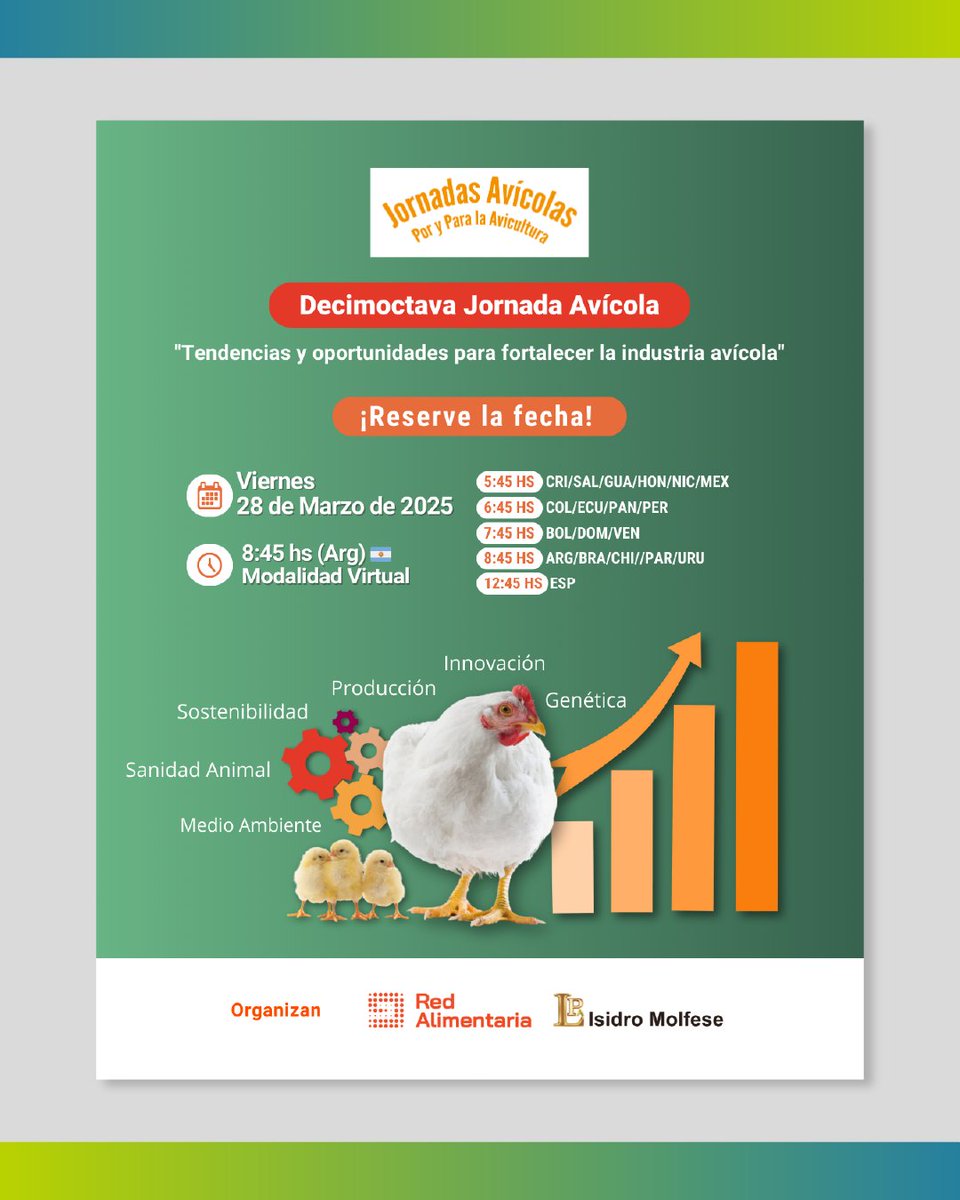 #TecnoFidtaConecta te invita a la Decimoctava Jornada Avícola
👉🏼"Tendencias y oportunidades para fortalecer la industria avícola"

🗓 Viernes 28 de marzo
⏰ 08:45 hs
💻 Modalidad virtual
✅🎓Incluye certificado