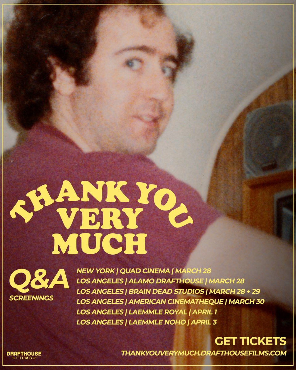 Alex Braverman’s award-winning Andy Kaufman documentary THANK YOU VERY MUCH opens next Friday in select cities, featuring opening weekend Q&amp;As in NYC + LA.

Also available next Friday on digital. Pre-order today on Apple TV or Prime Video.

🎟📺 thankyouverymuch.drafthousefilms.com