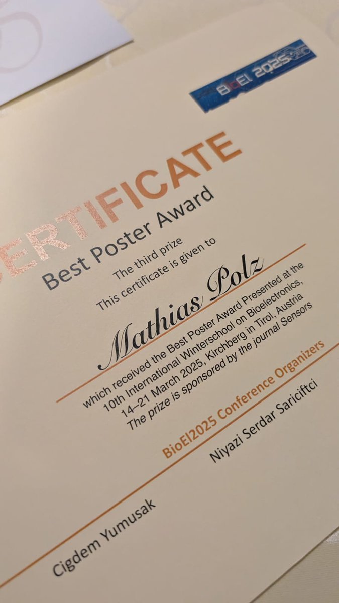 TRienmueller's tweet photo. Congrats on achieving the third place at the BioEl25 poster awards with your interactive poster, Mathias Polz @bi0_electronics @tugraz_csbme! Well done and well deserved! https://t.co/FPw3tCwSC5