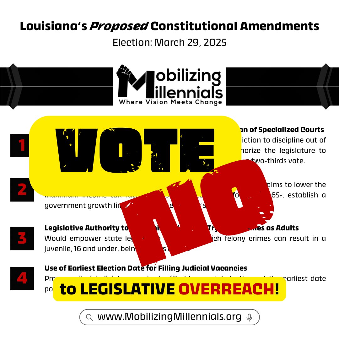 MobiMillennials's tweet photo. 🗳️ Louisiana Voters! 

Important Election: March 29, 2025, featuring four constitutional amendments on the ballot. Early voting ends tomorrow, March 22, 8:30 AM to 6:00 PM. 

#VoteLouisiana #EarlyVoting #LouisianaElections #ProtectOurServices #ProtectOurYouth #ThinkBeforeYouVote https://t.co/KnbCDjxLHU