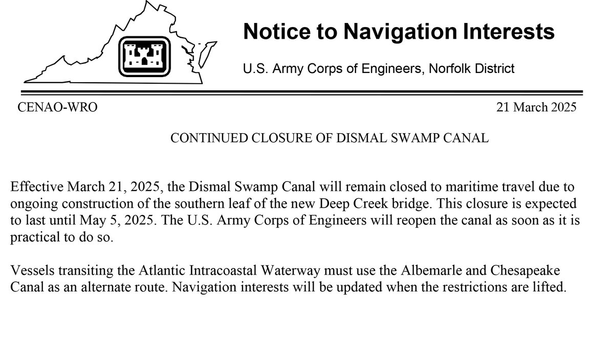 The #DismalSwampCanal will remain closed to maritime travel until May 5, 2025.