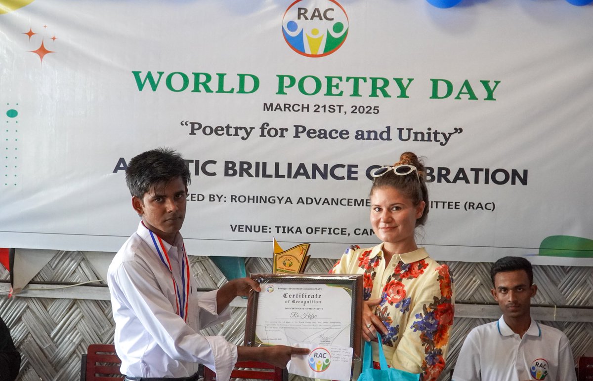 rac_org's tweet photo. World Poetry Day, March 21st, 2025

We are thrilled to have been able to deliver the prizes to the winners of the poetry competition. We are strongly committed to developing poetry within the Rohingya community and ensuring that Rohingya poetry flourishes and lives on. https://t.co/jU0qCEA2JQ