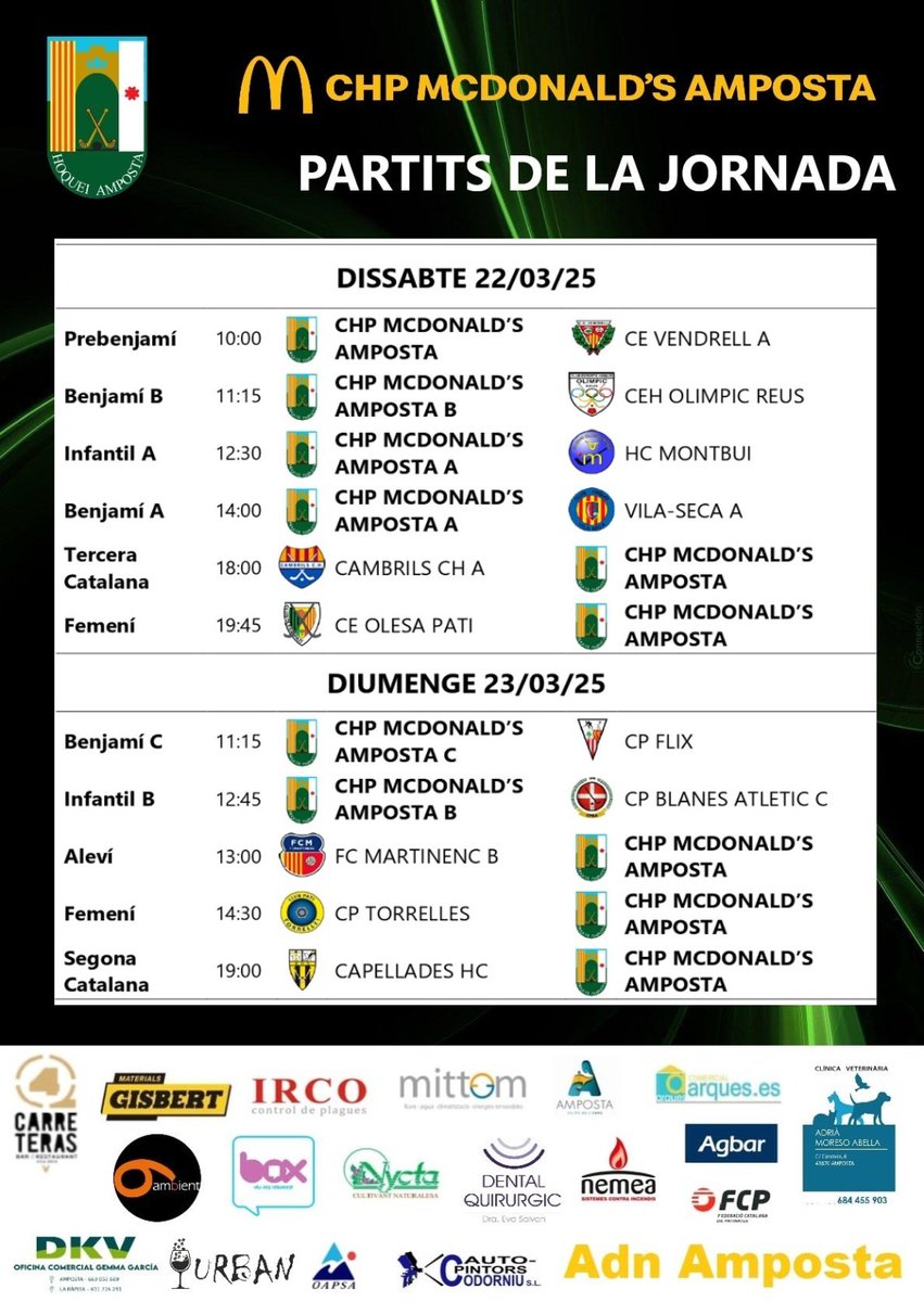 📅 Cap de setmana de partits 
#hoquei 🏑🥅
#ChpMcDonaldsAmposta 🟢⚫️