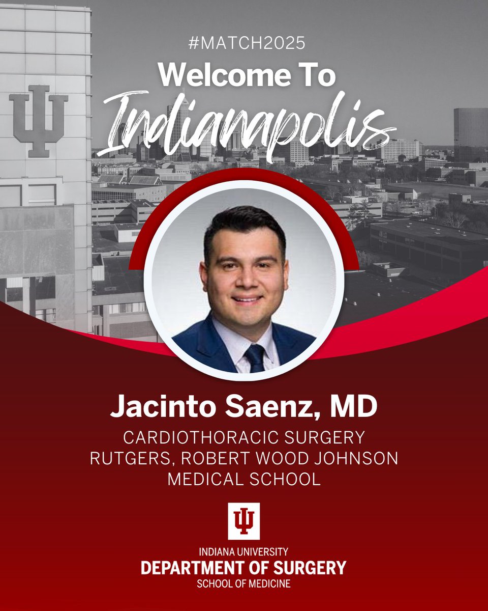 IU_Surgery's tweet photo. Welcome to IU Surgery, Jacinto Saenz, MD. We can't wait for you to arrive in Indy!

#Match2025 #CardiothoracicSurgeryMatch2025 #IUSM #IUSurgery https://t.co/yDWCFtRSDj