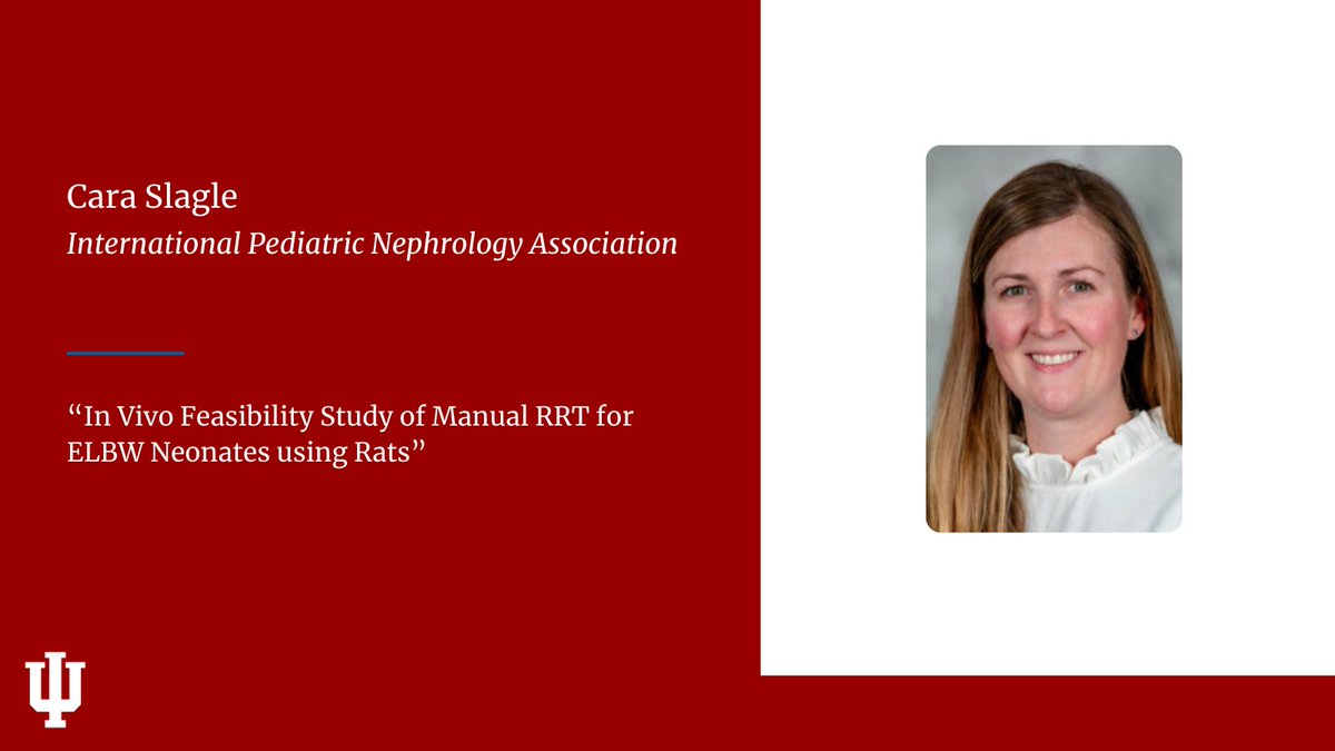 IU/Riley Children's Health Neonatology (@iusmpedsneo) on Twitter photo Congrats to Cara Slagle, MD on her poster being selected for presentation at the International Pediatric Nephrology Association Conference! 
Don't miss "In Vivo Feasibility Study of Manual RRT for ELBW Neonates using Rats."
#neotwitter Congrats to Cara Slagle, MD on her poster being selected for presentation at the International Pediatric Nephrology Association Conference! 
Don't miss "In Vivo Feasibility Study of Manual RRT for ELBW Neonates using Rats."
#neotwitter