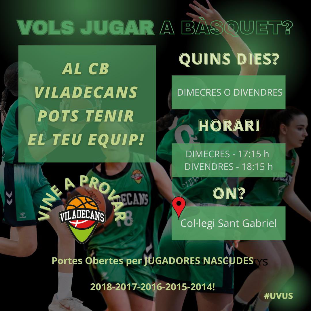 VOLS JUGAR A BÀSQUET? 🏀
Si has nascut entre 2014 i 2018, al CB Viladecans pots tenir el teu equip! 💚
📅: Dimecres o Divendres
🕕: Dimecres 17:15h | Divendres 18:15h
📍 Lloc: Col·legi Sant Gabriel

📲 Inscripció obligatòria! Omple el formulari aquí 👉🏼 cbviladecans.cat/venir-a-provar