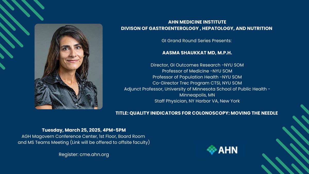 AHN Gastroenterology, Hepatology and Nutrition (@ahngastro) on Twitter photo We are thrilled to host <a href="/AasmaShaukatMD/">Aasma Shaukat MD MPH</a> for our GI Grand Rounds on Tuesday, 3/25/25!
Looking forward to learning more about colon cancer screening and quality indicators for colonoscopies, as we continue to observe #ColonCancerAwarenessMonth
#BlueForCRC We are thrilled to host <a href="/AasmaShaukatMD/">Aasma Shaukat MD MPH</a> for our GI Grand Rounds on Tuesday, 3/25/25!
Looking forward to learning more about colon cancer screening and quality indicators for colonoscopies, as we continue to observe #ColonCancerAwarenessMonth
#BlueForCRC
