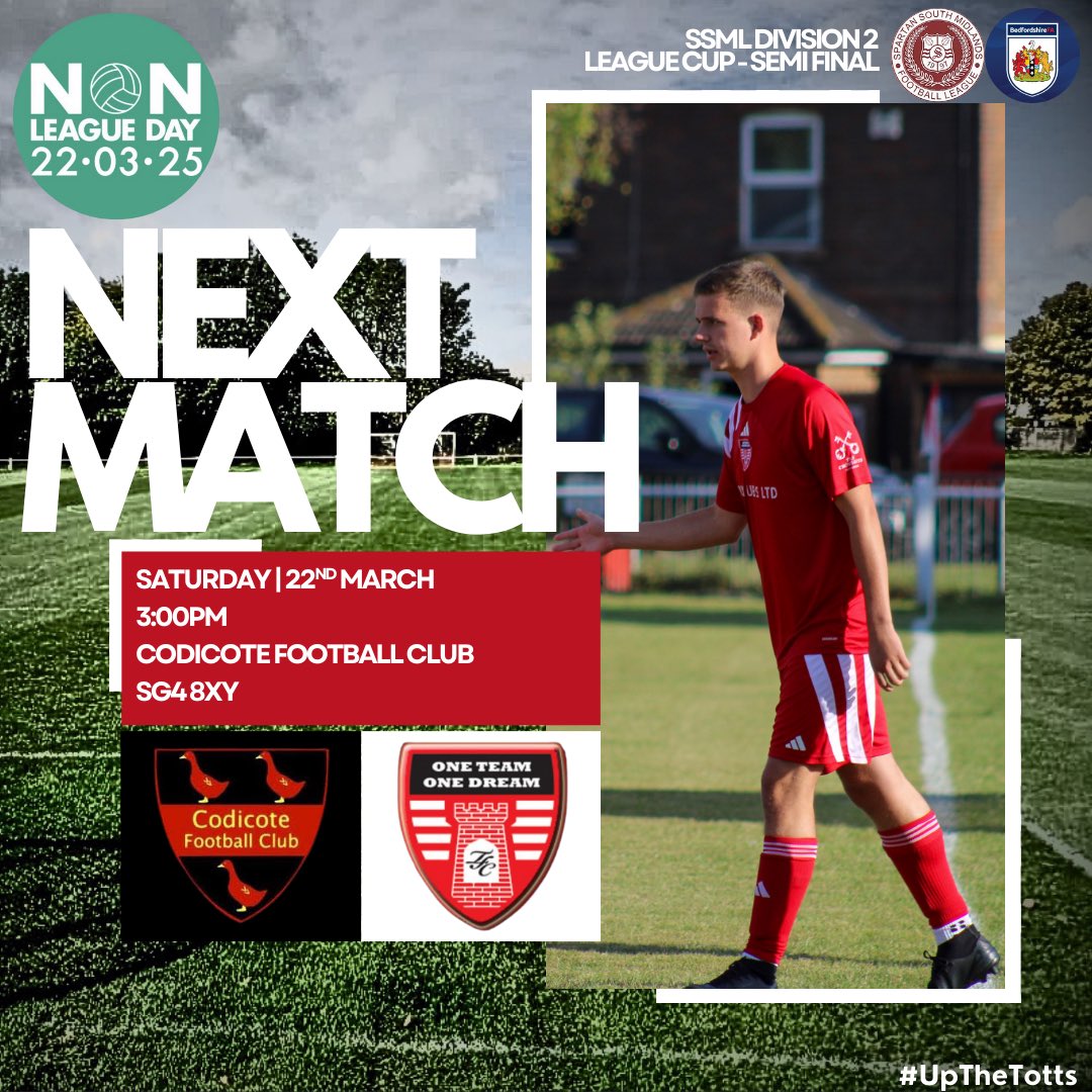 Totternhoe Football Club (@tottsfc) on Twitter photo ππππΌπ 4!
Tomorrow we travel to face <a href="/FC_Codicote/">Codicote FC Est 1913</a> in the semi finals of the Division 2 league cup.
A tough fixture as well when travelling to our hosts, knowing that a victory will see the club through to final for the 2nd time in 5 years!
#UpTheTotts | π΄βͺοΈ ππππΌπ 4!
Tomorrow we travel to face <a href="/FC_Codicote/">Codicote FC Est 1913</a> in the semi finals of the Division 2 league cup.
A tough fixture as well when travelling to our hosts, knowing that a victory will see the club through to final for the 2nd time in 5 years!
#UpTheTotts | π΄βͺοΈ