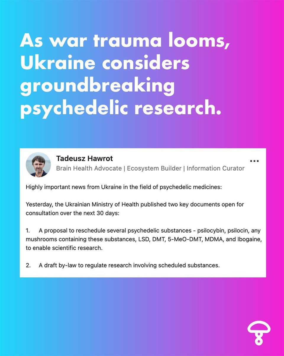 As war trauma looms, Ukraine considers groundbreaking psychedelic research. Tadeusz Hawrot (<a href="/PareaScience/">PAREA @pareascience.bsky.social</a>) report on LinkedIn that the Ministry of Health has just published two important documents open for consultation regarding these substances #LetsMindTheMind #LetsCareTogether