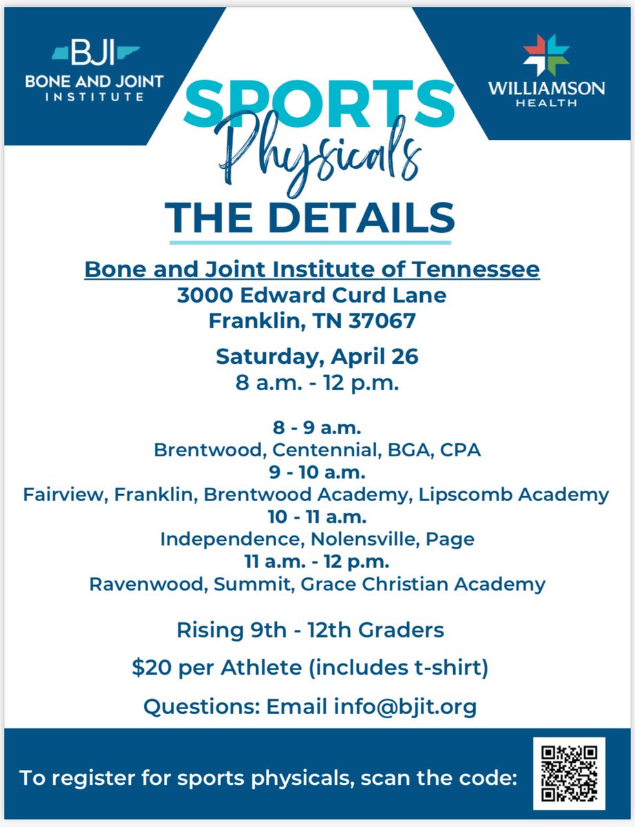 Need a sports physical?! Mark your calendar on April 26th Bone and Joint is offering sports physicals to rising 9th-12th graders.