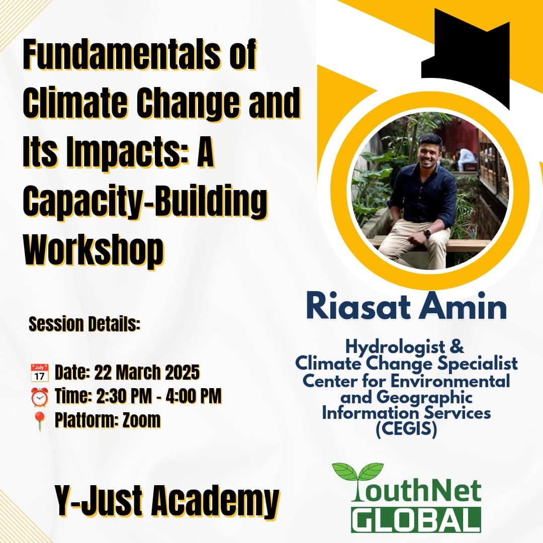450+ applicants from across the country 🇧🇩!
We’re excited to launch the #YJustAcademy! 🌿 An initiative to empower grassroots youth leaders in the fair transition to a low-carbon economy.
Today's first session is on Climate Change Fundamentals w/ Riasat Amin from #CEGIS BD 🌍💻