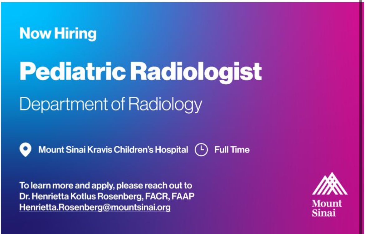 Mount Sinai Diag, Molecular, and Interv Radiology (@mountsinaidmir) on Twitter photo Mount Sinai Pediatric Radiology is hiring a fellowship-trained, Board Certified Pediatric Radiologist (CAQ/MOC) for a multi-modality imaging at <a href="/MountSinaiDMIR/">Mount Sinai Diag, Molecular, and Interv Radiology</a>, with a flexible hybrid work environment. Mount Sinai Pediatric Radiology is hiring a fellowship-trained, Board Certified Pediatric Radiologist (CAQ/MOC) for a multi-modality imaging at <a href="/MountSinaiDMIR/">Mount Sinai Diag, Molecular, and Interv Radiology</a>, with a flexible hybrid work environment.