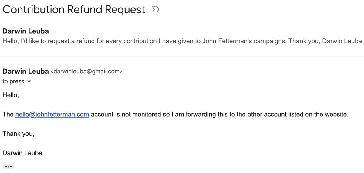 Got a refund for the 5 bucks I gave John Fetterman in 2017... 

Just email your request to press@johnfetterman.com