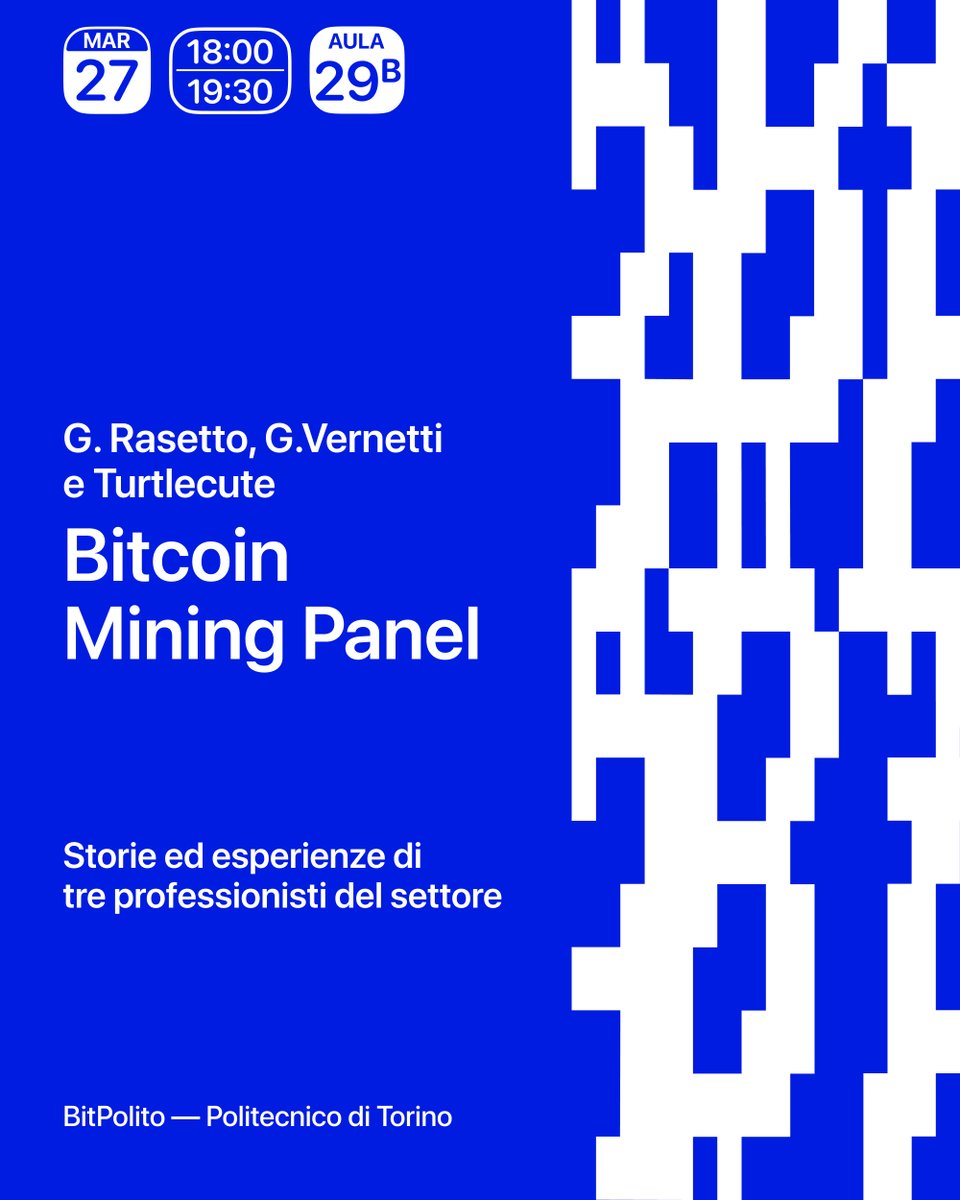 BitPolito (@bitpolito) on Twitter photo Esplora tutti gli aspetti del mining di Bitcoin tramite le esperienze <a href="/turtlecute33/">Turtlecute 🐢⚡</a>, <a href="/Bit__Gio/">Gio</a> e <a href="/gitgab19/">gabriele vernetti</a>. Parleranno di come si sviluppa, implementa e gestisce un impianto di mining e di come promuovere questa attività.
Prenotati per partecipare: lu.ma/d4amfo4d Esplora tutti gli aspetti del mining di Bitcoin tramite le esperienze <a href="/turtlecute33/">Turtlecute 🐢⚡</a>, <a href="/Bit__Gio/">Gio</a> e <a href="/gitgab19/">gabriele vernetti</a>. Parleranno di come si sviluppa, implementa e gestisce un impianto di mining e di come promuovere questa attività.
Prenotati per partecipare: lu.ma/d4amfo4d