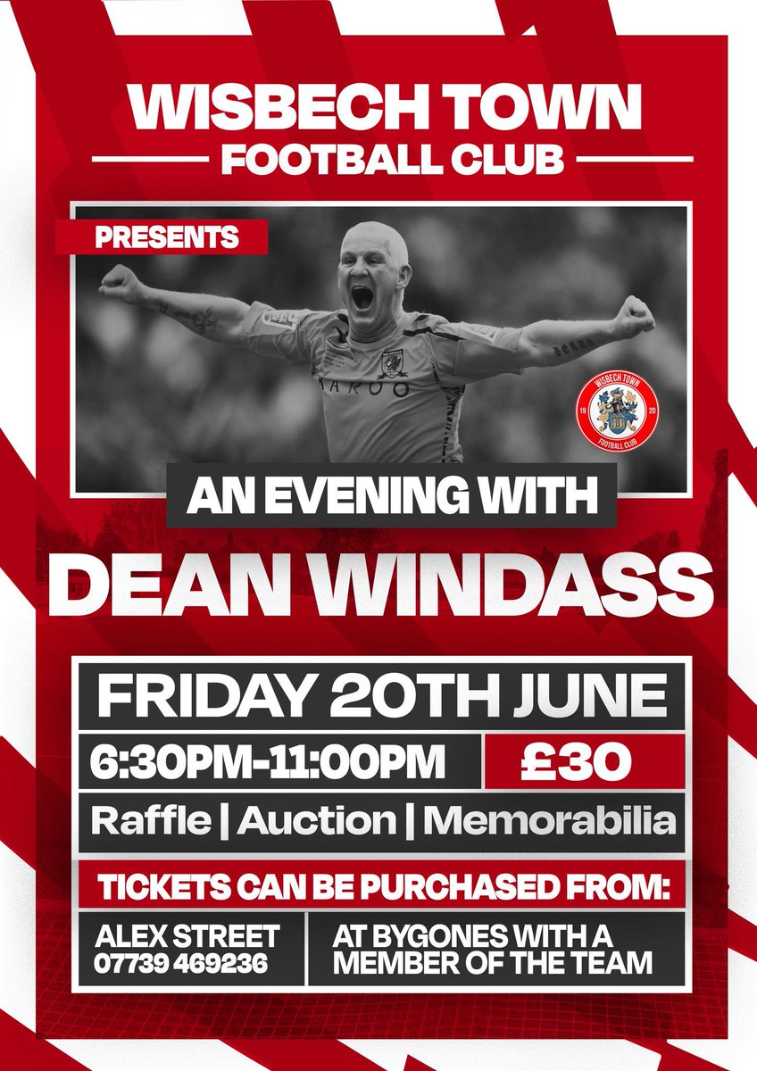 #WTFCPRESENTS: An Evening With Dean Windass ‼️

Join us on Friday 20th June from 6:30pm for an evening with ex-Premier League striker Dean Windass! 

Tickets are £30 per person and will be on sale in Bygones from tomorrow or alternatively, contact Alex Street on 07734 469236.