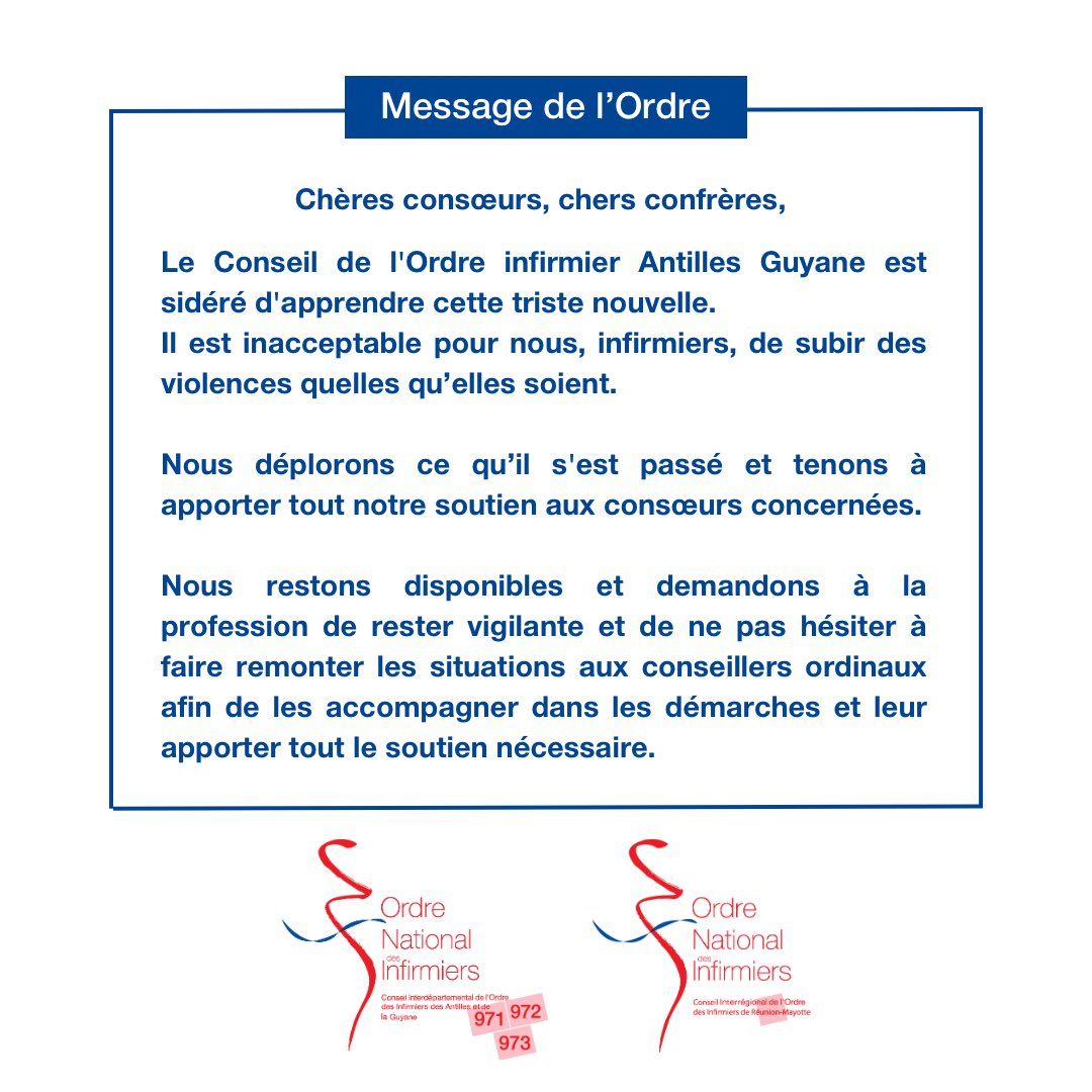 📢 L’<a href="/OrdreInfirmiers/">Ordre National des Infirmiers</a> dénonce avec la plus grande fermeté les violences inqualifiables dont ont été victimes deux infirmières libérales en Guyane hier, et leur exprime son soutien total.

L’une a été violée en pleine mission de soins, l’autre braquée sous la menace d’une arme à