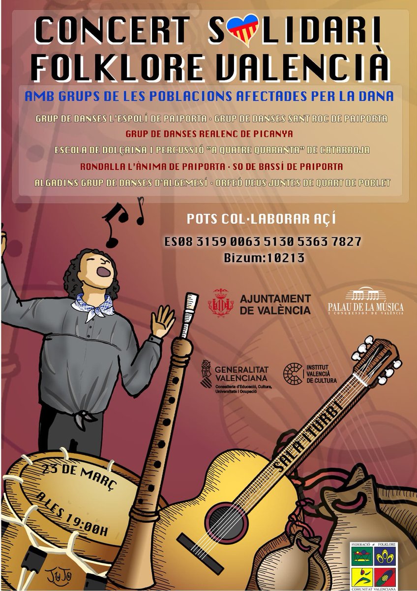 🥁 La <a href="/fedfolklorecv/">Federació Folklore</a> organitza un concert solidari de folklore valencià, al <a href="/palaumusicavlc/">Palau de la Música</a>, on participaran grups de les poblacions afectades per la #DANA.

📆 Diumenge 23

⏰ 19.00 h 

🎟️ Entrada lliure fins a completar aforament.

🤝 Es pot col·laborar també amb donatius.