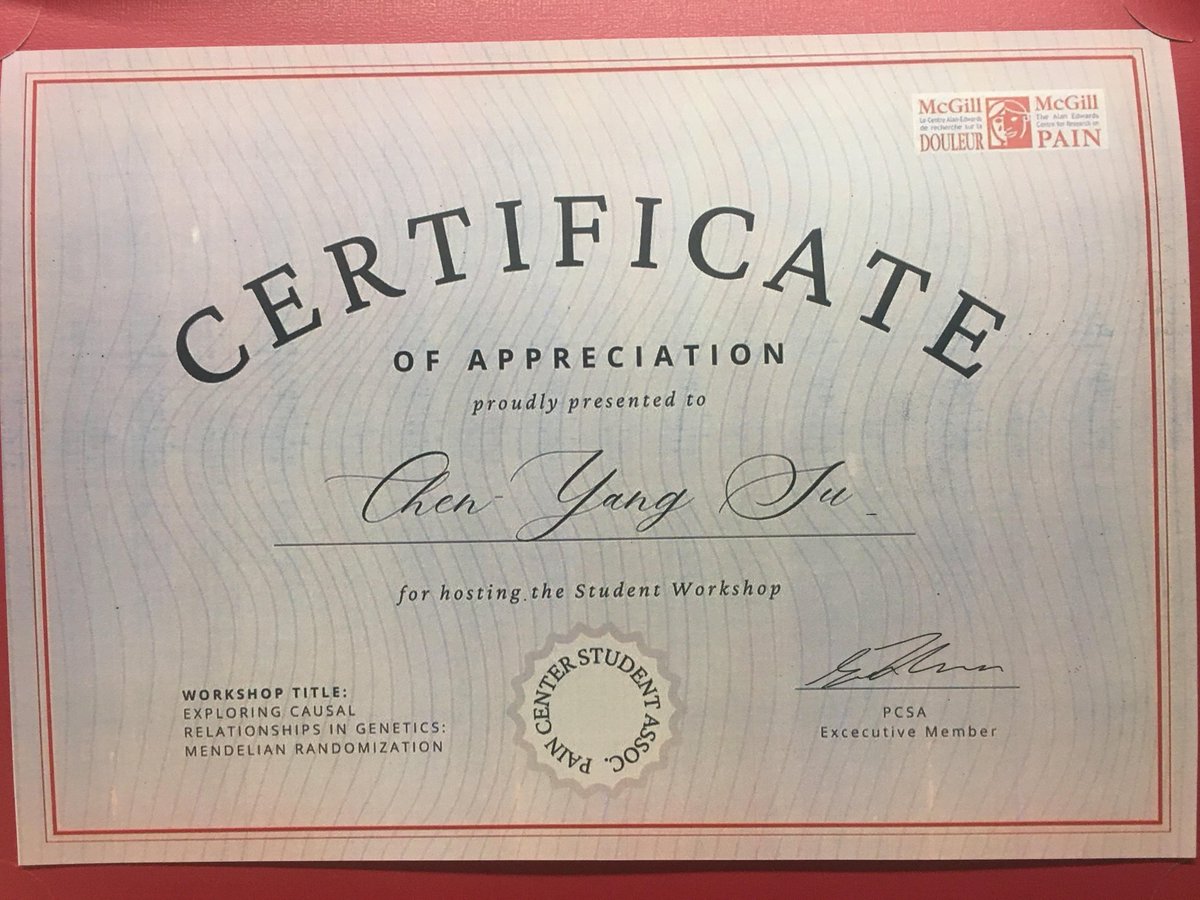 I'm deeply grateful to the McGill Alan Edwards Centre for Research on Pain <a href="/aecrpain/">Alan Edwards Centre for Research on Pain</a> for inviting me as a speaker to give a workshop on Mendelian randomization! 

Many thanks to Pain Centre Student Association (PCSA) Executives Megan Tsao and Sam Zhou for organizing!