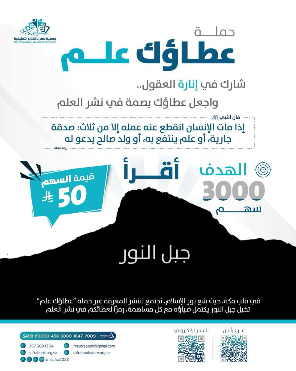 Jmsufra2023's tweet photo. 🔹 انطلقنا في حملة #عطاؤك_علم لنمنح العلم لمن يحتاجه! نسعى للوصول إلى 3000 سهم، قيمة السهم 50 ريال فقط.

كن جزءًا من العطاء وساهم في نشر المعرفة 📚💙

📌 للتبرع: https://t.co/MO6FxCyTN4

🔁 أعد التغريد وانشر الخير #عطاؤك_علم
#العشر_lلاواخر_من_رمضان https://t.co/KXnCOyajyK