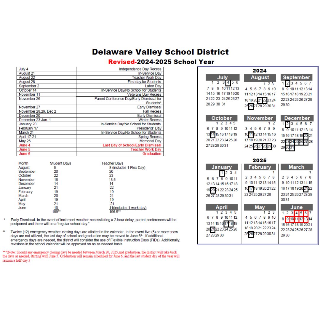 Last night the Delaware Valley School Board Directors approved revising the 24-25 school year calendar to reflect 7 unused snow days.  The last day of school for students is now June 4 and graduation is now scheduled for June 6.