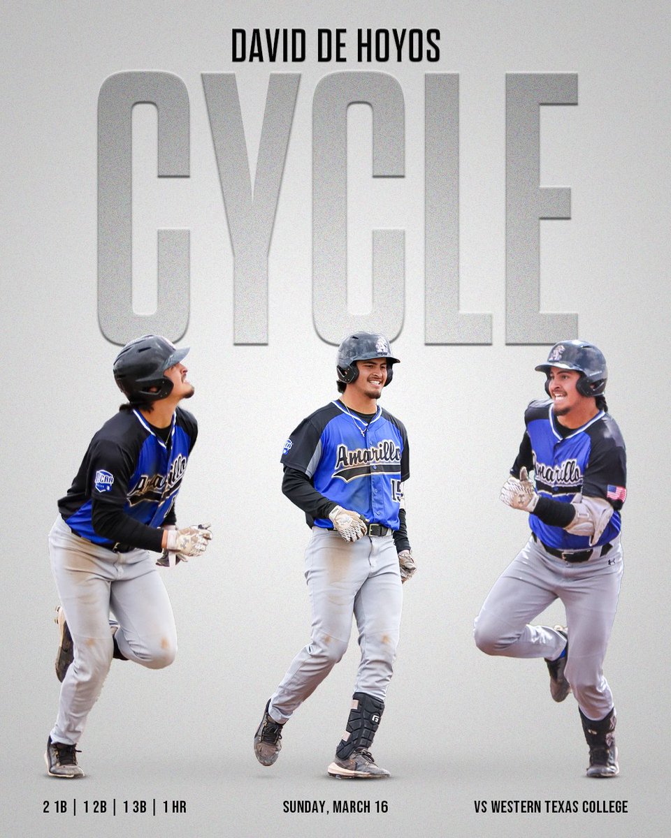 Amarillo College Baseball (@acbaseball806) on Twitter photo A week for the record book✍️
<a href="/david_dehoyos22/">David De Hoyos</a> hit the program’s first cycle in conference play during game four in Snyder.
The feat capped a career-week for the uncommitted sophomore. De Hoyos recorded 11 hits, 11 RBIs, 2 doubles, 4 triples, and 2 homers over 6 games last week. A week for the record book✍️
<a href="/david_dehoyos22/">David De Hoyos</a> hit the program’s first cycle in conference play during game four in Snyder.
The feat capped a career-week for the uncommitted sophomore. De Hoyos recorded 11 hits, 11 RBIs, 2 doubles, 4 triples, and 2 homers over 6 games last week.