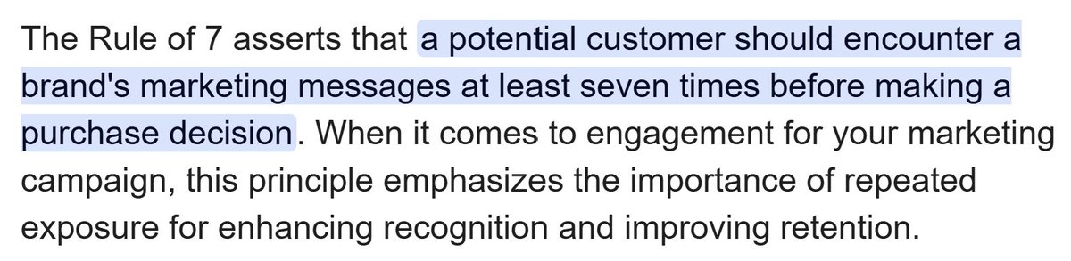 The Rule of 7 seems common with Crypto. Think about how many times it takes for you to hear about a trend or token until you finally make a decision. Or by the 7th time you've seen price go up without you you finally pull the trigger only to see it go down after you join.