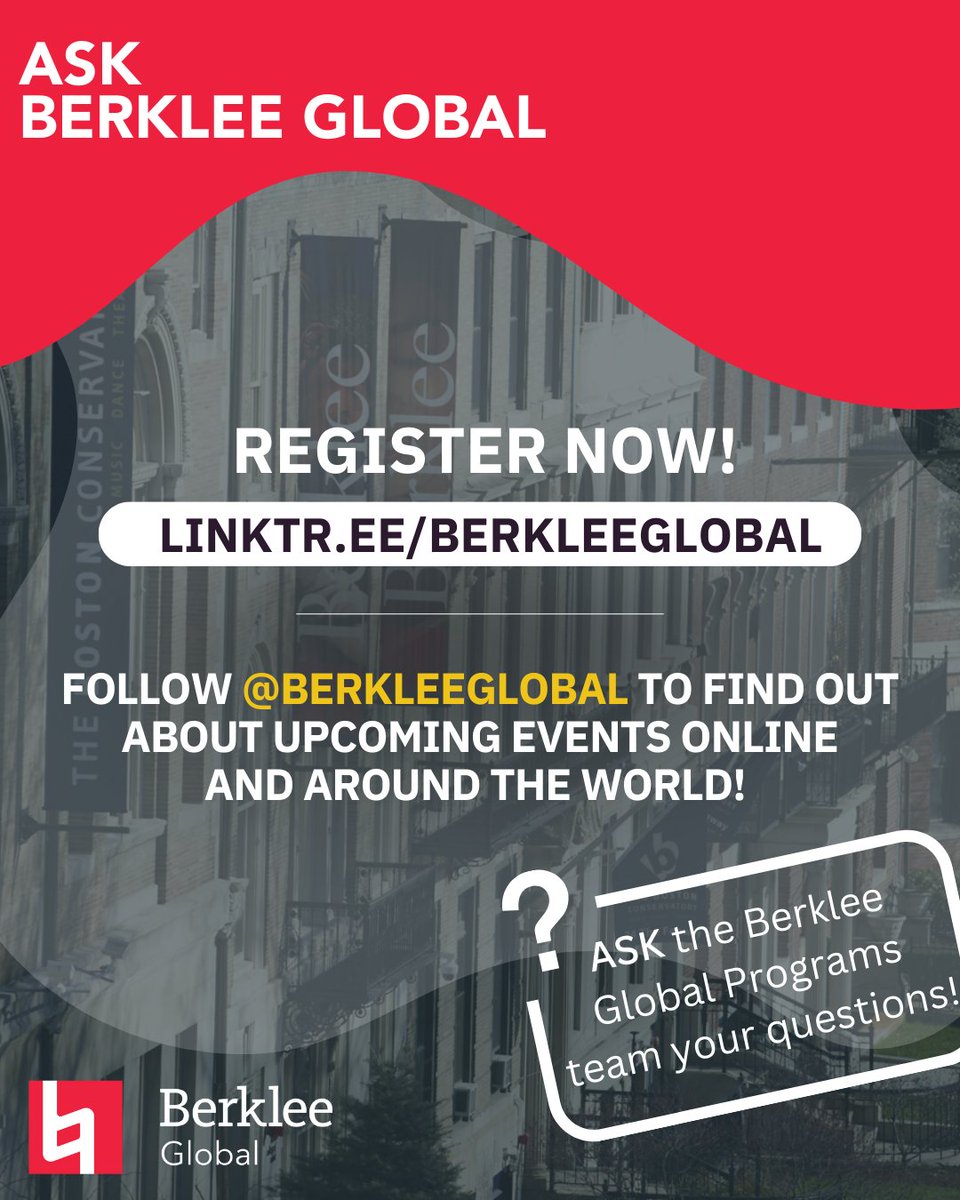 Join us for the Ask Berklee Global sessions on March 26! Connect with a Berklee Global Programs team and get answers about credit transfer, Berklee Global Partners, and more.
🗓️ WED, Mar 26, 7PM EDT

Register here🔗 berklee.zoom.us/meeting/regist…

#berkleeglobal #berklee