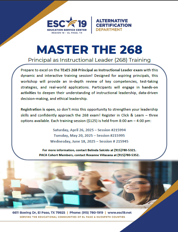 Calling aspiring Instructional Leaders! Need support passing the 268/PaIL exam? Join us for an informative session! Register today! <a href="/ESCRegion19/">ESC-Region 19</a>  <a href="/_AnthonyISD/">Anthony ISD Wildcats 🍎</a> <a href="/CanutilloISD/">Canutillo ISD</a> <a href="/ClintISD/">Clint ISD</a> <a href="/SocorroISD/">Socorro ISD</a> <a href="/YsletaISD/">Ysleta ISD</a> <a href="/elpasoisd/">El Paso ISD</a> <a href="/FabensISD/">Fabens Independent School District</a> <a href="/SanElizarioISD/">San Elizario ISD</a> <a href="/SierraBlancaISD/">Sierra_Blanca ISD</a> <a href="/TornilloISD/">Tornillo I.S.D.</a>