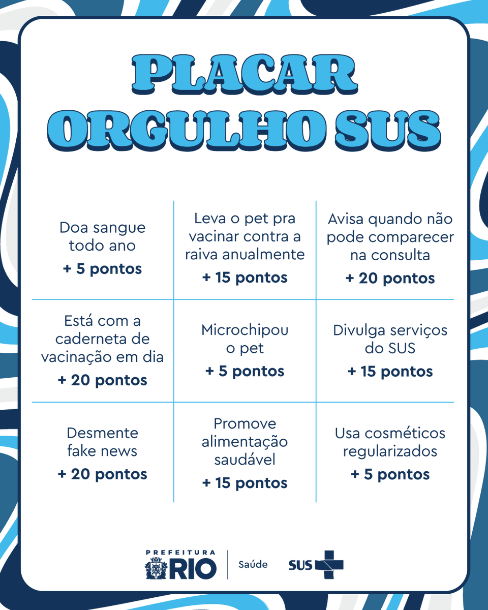 Saude_Rio's tweet photo. E aí, quantos pontos você fez?

Pequenas atitudes individuais e mudanças nos nossos hábitos também podem fazer uma grande diferença e deixar o SUS melhor!

Tem alguma ideia que possa contribuir? Compartilhe aqui com a gente e marque seus amigos!

#OrgulhoSUS https://t.co/guZ9kmNgHM