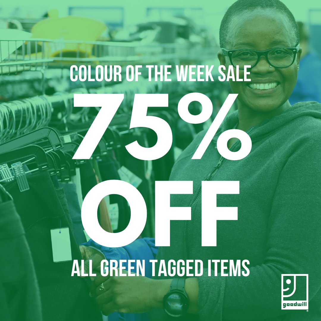 GoodwillAmity's tweet image. Our #ColouroftheWeek Sale now saves you MORE! ✨

Enjoy 75% OFF all items tagged with this week’s colour! This week's colour is GREEN! 💚 Starting today, find green tagged items to score unbeatable deals!

#ShopGoodwill &amp;amp; save BIG!

#ThriftAndSave #SustainableStyle