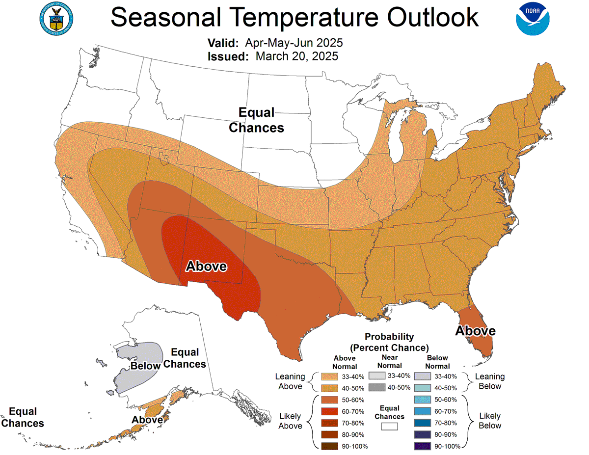NWSElPaso's tweet photo. NOAA #SpringOutlook 2025: El Paso and southern New Mexico have a 50-60% chance of above normal temperatures this Spring, higher than anywhere else in the U.S.
https://t.co/yTnFSG24xr https://t.co/H2IyzF9KYc