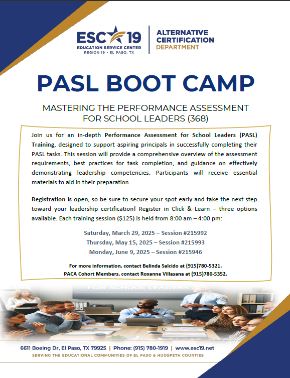 Calling aspiring Instructional Leaders! Need support completing the PASL project? Join us for an interactive session! Get started - register today <a href="/ESCRegion19/">ESC-Region 19</a> #LeadershipMatters <a href="/_AnthonyISD/">Anthony ISD Wildcats 🍎</a> <a href="/CanutilloISD/">Canutillo ISD</a> <a href="/ClintISD/">Clint ISD</a> <a href="/SocorroISD/">Socorro ISD</a> <a href="/YsletaISD/">Ysleta ISD</a> <a href="/elpasoisd/">El Paso ISD</a> <a href="/FabensISD/">Fabens Independent School District</a> <a href="/SanElizarioISD/">San Elizario ISD</a>