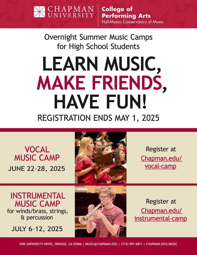 Calling all high school musicians! 🎶

Join Chapman University’s Summer Music Camps and take your skills to the next level! Learn, perform, and make lifelong friends in an inspiring musical environment.

📅 Register by May 1, 2025 at Chapman.edu/music