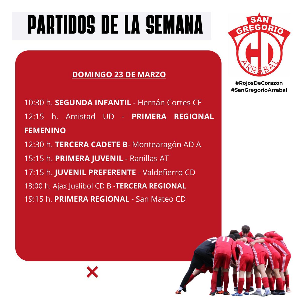Horarios de nuestros equipos para este fin de semana! Mucha suerte a todos.
𝗩𝗔𝗠𝗢𝗦 𝗥𝗢𝗝𝗢𝗦! ❤️

#RojosDeCorazoneCorazon
#sangregorioarrabal