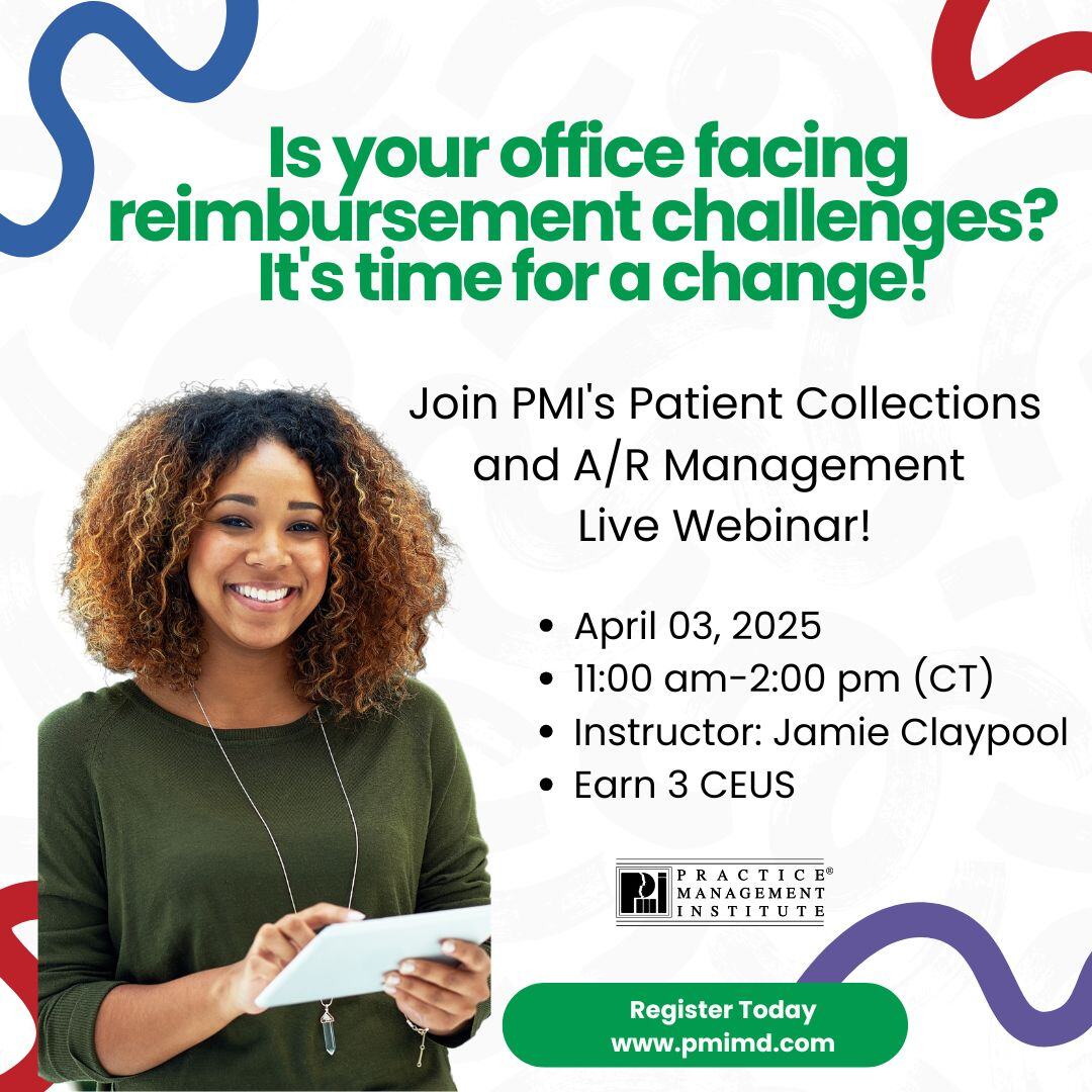 pmimd's tweet image. Is your office facing reimbursement challenges? It&apos;s time for a change!
Join PMI&apos;s Patient Collections and A/R Management Webinar!
🗓April 03, 2025 | 11:00 AM - 2:00 PM (CT) 
Register @pmimd.com or Contact PMI | 1-800-259-5562
#PMIEvents #Webinar #PatientCollections #ARManagement