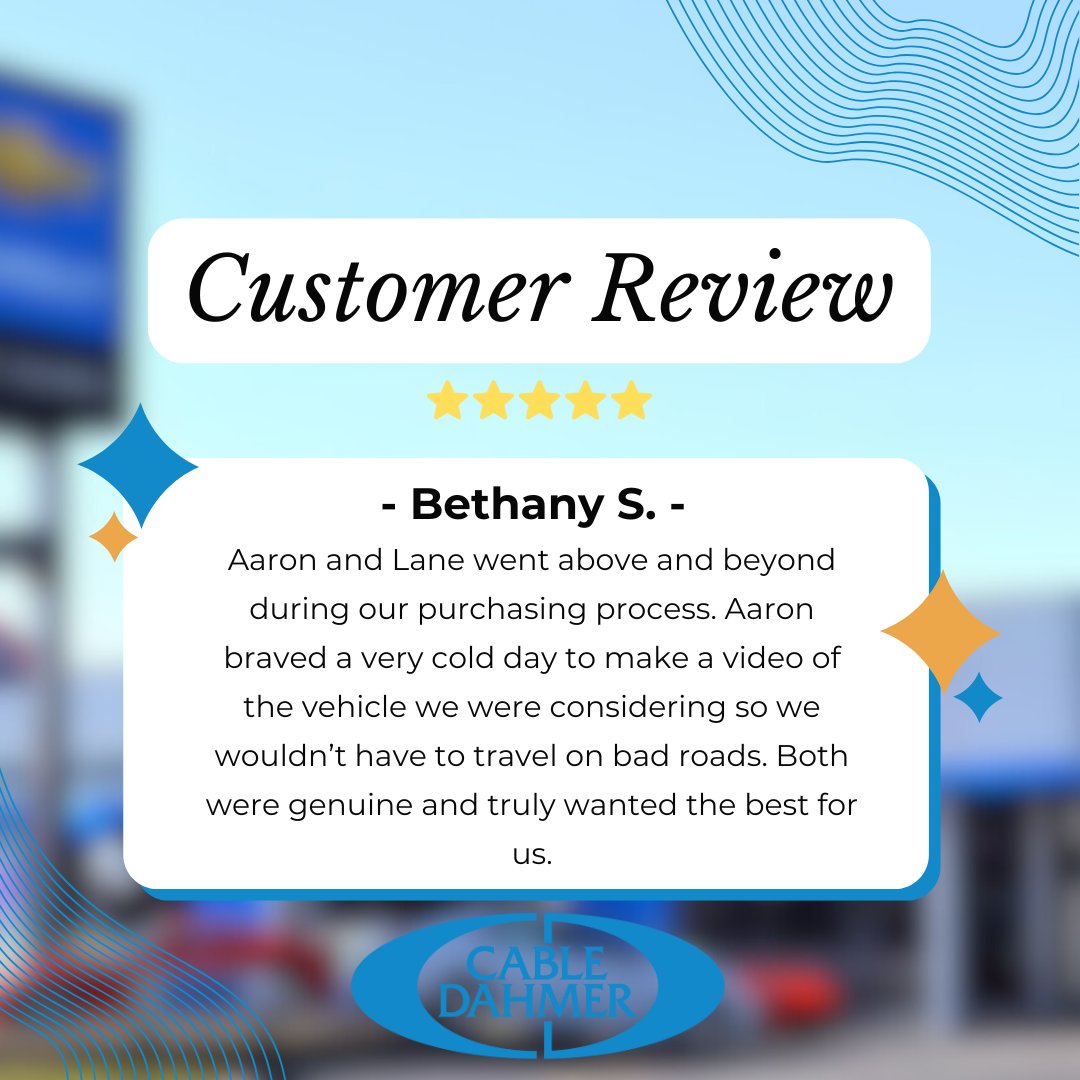 Another satisfied customer! 🤗 Bethany, we appreciate your kind words and five-star review! 🌟 Aaron and Lane were happy to go the extra mile to make your experience as convenient and comfortable as possible. Thank you for choosing us! ❤️ #CableDahmer #Chevrolet #Independence