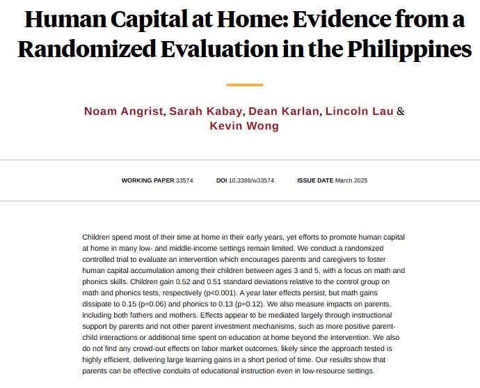 NBER (@nberpubs) on Twitter photo Evaluating an intervention which encourages parents and caregivers to foster human capital accumulation among their children between ages 3 and 5, focusing on math and phonic skills, from <a href="/angrist_noam/">Noam Angrist</a>, Sarah Kabay, <a href="/deankarlan/">Dean Karlan</a>, Lincoln Lau, and Kevin Wong nber.org/papers/w33574 Evaluating an intervention which encourages parents and caregivers to foster human capital accumulation among their children between ages 3 and 5, focusing on math and phonic skills, from <a href="/angrist_noam/">Noam Angrist</a>, Sarah Kabay, <a href="/deankarlan/">Dean Karlan</a>, Lincoln Lau, and Kevin Wong nber.org/papers/w33574