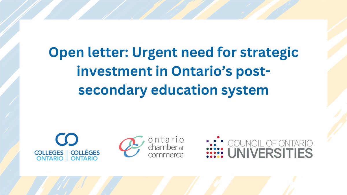 Colleges Ontario (@collegesontario) on Twitter photo Ontario’s economy depends on a strong post-secondary system.
In a joint open letter, Colleges Ontario, <a href="/OntarioCofC/">Ontario Chamber</a> and <a href="/OntUniv/">Ontario's Universities</a> are calling on the provincial government to invest in the post-secondary institutions fueling our future workforce.
To boost Ontario’s global Ontario’s economy depends on a strong post-secondary system.
In a joint open letter, Colleges Ontario, <a href="/OntarioCofC/">Ontario Chamber</a> and <a href="/OntUniv/">Ontario's Universities</a> are calling on the provincial government to invest in the post-secondary institutions fueling our future workforce.
To boost Ontario’s global